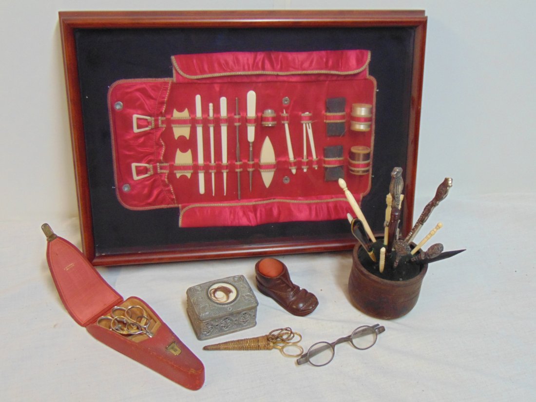 Sewing lot, framed collage with sewing implements, scissor case with various scissors, small box wit: Sewing lot, framed collage with sewing implements, scissor case with various scissors, small box with hair, booth pin cushion, various sewing tools, see images, collage is17.25" by 12.25", (includes f