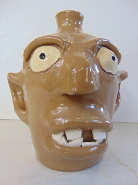 Face jug, signed A,C. albright (?), beige, light brown terra cotta, good condition, height is 7.75" (1 of 4)