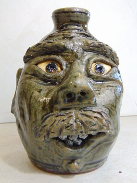 Face mug by Dwayne & Brandon Crocker, in beige with black stripes, 2001, height is 7", in good (1 of 6)