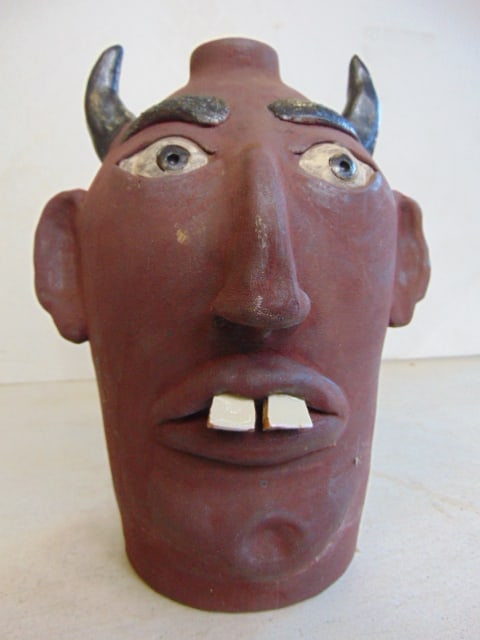 Devil face jug, "Fire Chief", Turkey MT Pottery, Armuchee, GA, height is 8.5", in good condition (1 of 6)