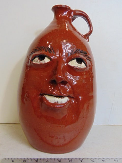 Tall face jug, Long Family Potters, "Hoffman III" glazed light brown terra cotta, dated 1988, height (1 of 7)
