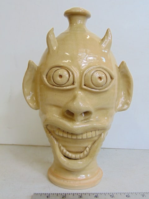 Devil face jug, signed Sambarda Seng, in glazed light beige terra cotta, large smiling mouth, height (1 of 6)