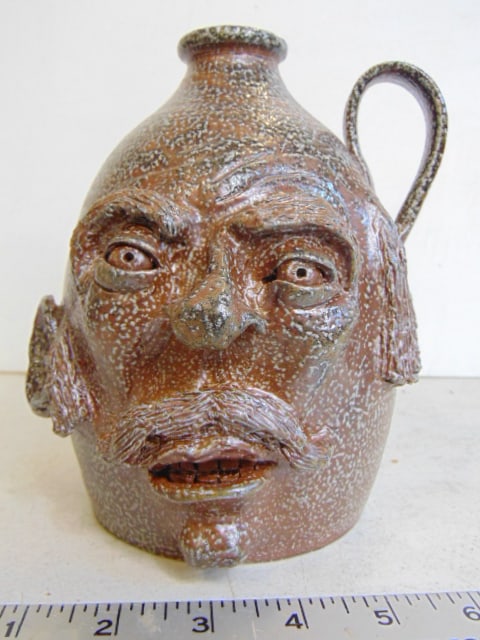 Salt glaze face jug, man with mustache, Michael A. Ray, #4,mK. Levick, height is 7.25" (1 of 6)
