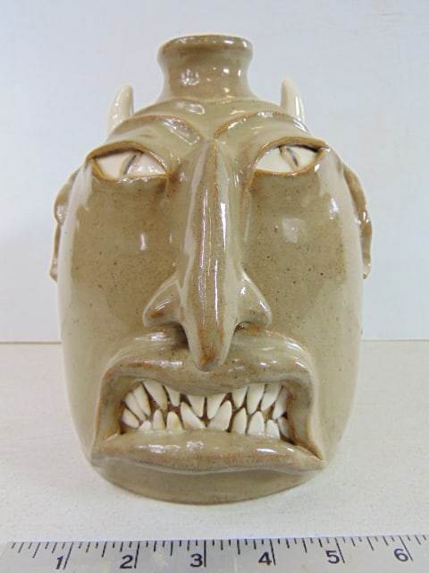 Devil face jug by David Rudzinski, in light grey terra cotta, menacing grin, height is 8" (1 of 6)