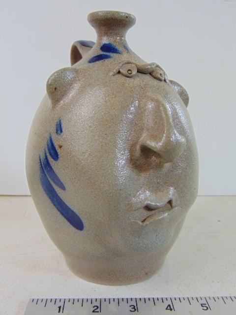Salt glaze face jug, with blue over grey traditional decoration, signed, Eldreth pottery, PA (1 of 6)