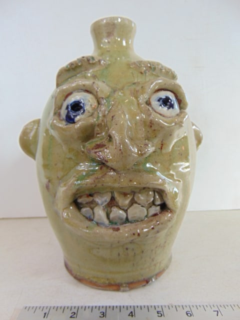 Face jug by Kit Vanderwal, in grey / green glazed terra cotta with red highlights at base, height is (1 of 6)