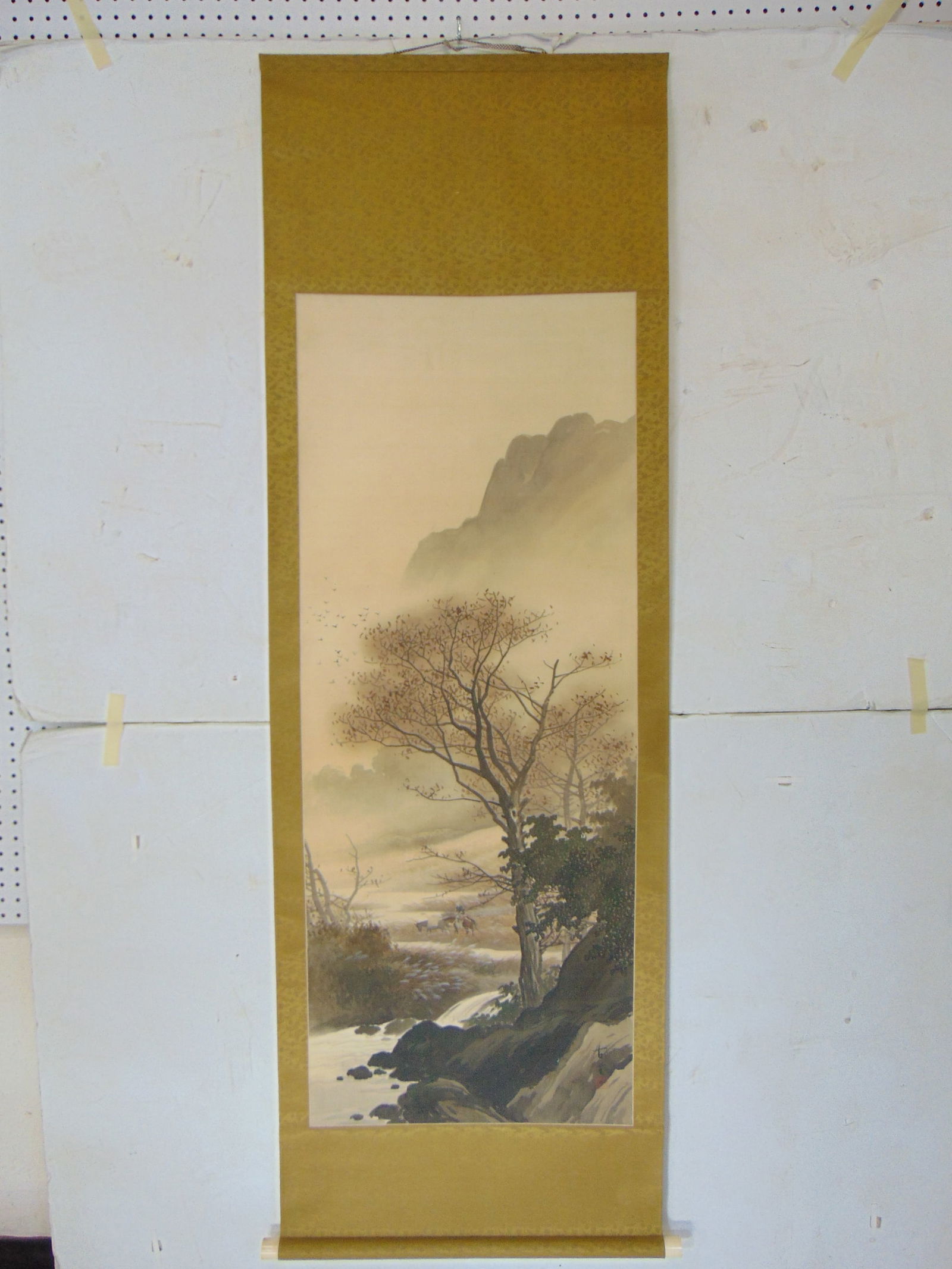 Chinese scroll, "Bucko's Scenery", mountain landscape with tree by stream, signed, scroll is 71" by (1 of 10)