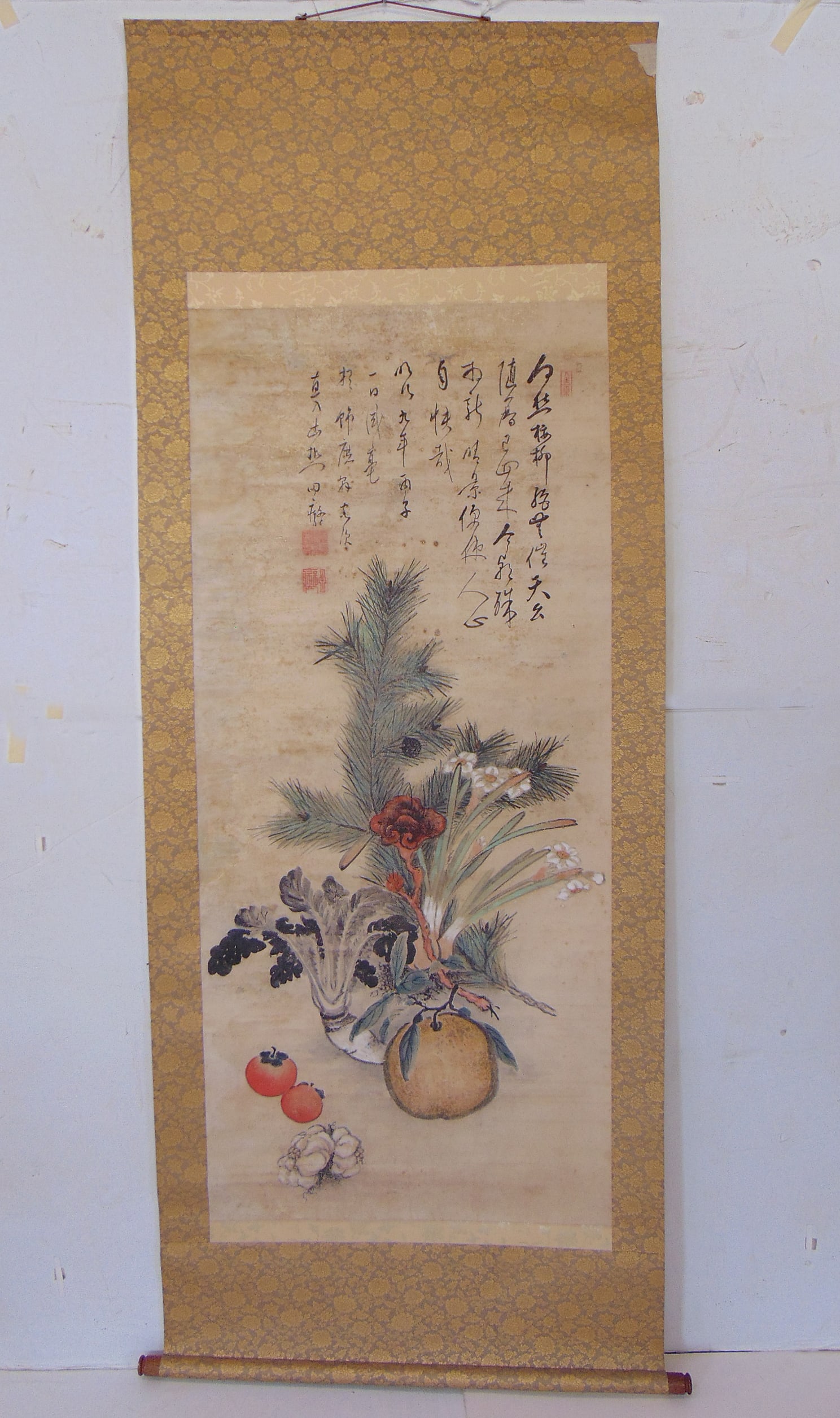 Chinese scroll with still-life & calligraphy, still-life with fruit, vegetables, flowers, scroll is (1 of 11)