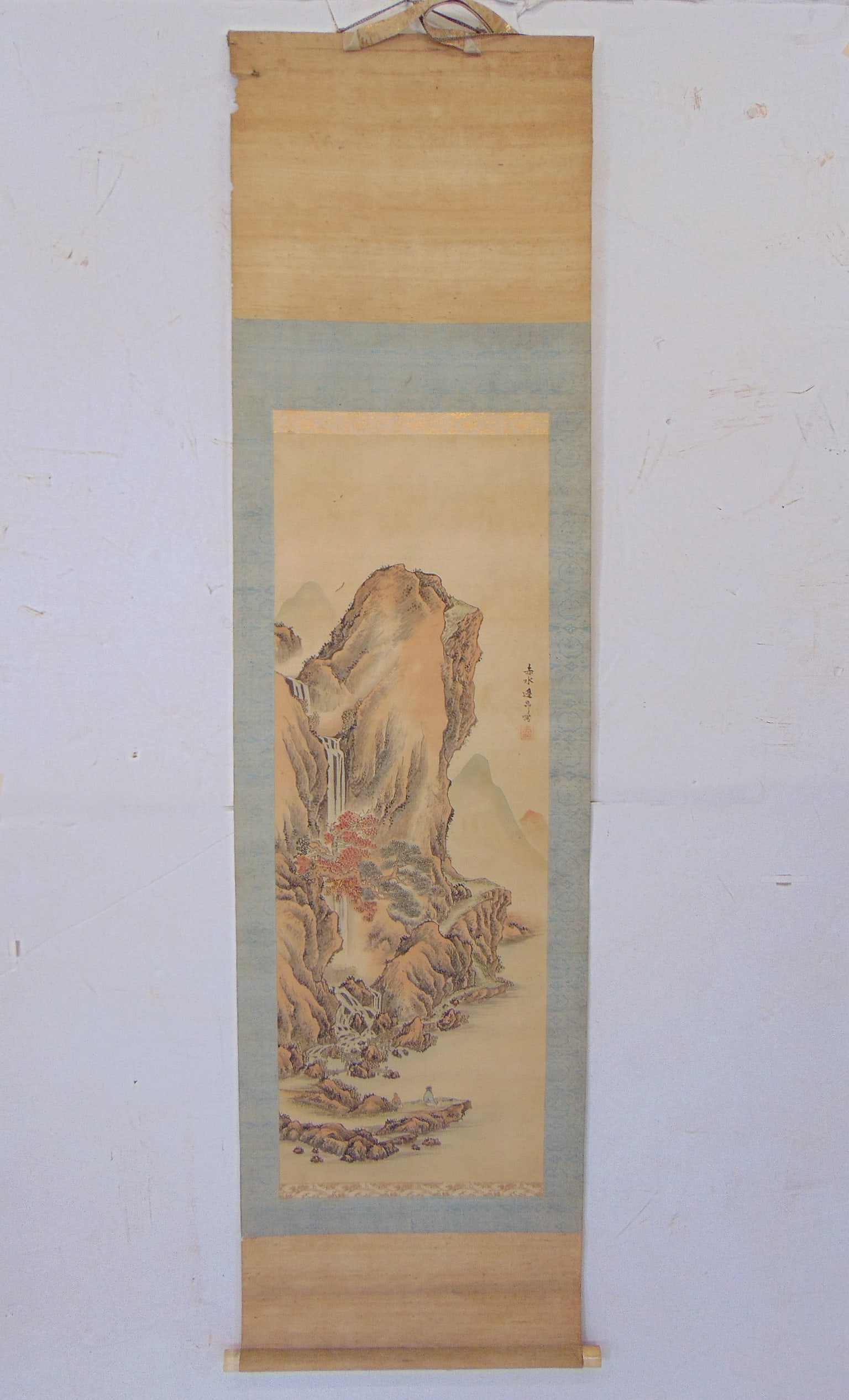 Chinese scroll, mountain landscape with waterfall and figures, signed, scroll is 67" by 17.75", (1 of 10)
