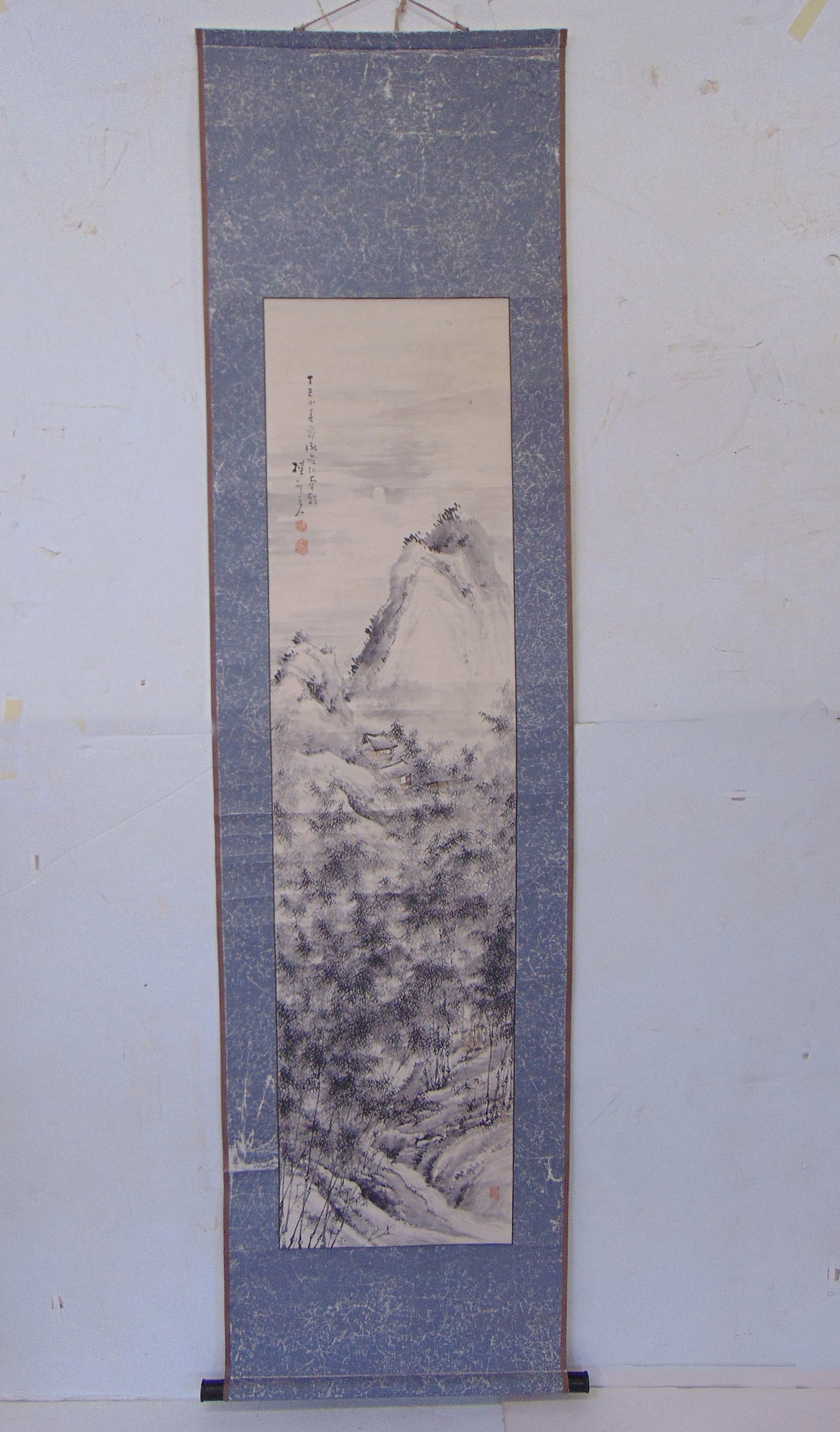 Chinese scroll, mountain scene with houses, stream, signed, scroll is 75.5" by 19.75", scene is (1 of 10)