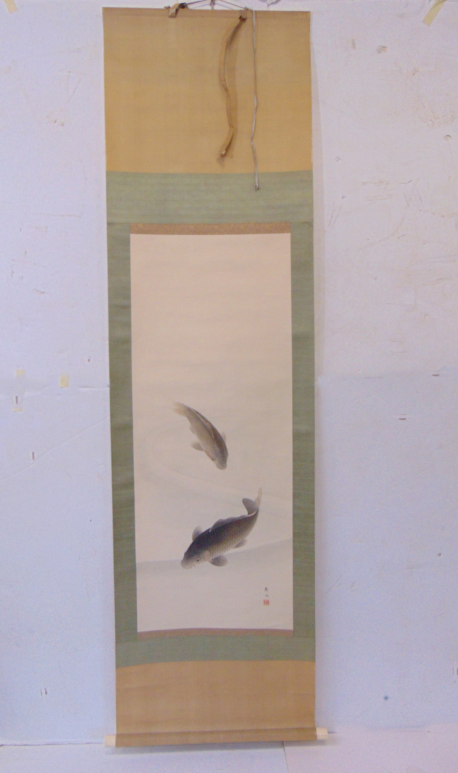 Chinese scroll, koi fish, or karp, signed, scroll is 76" by 21.25", scene is 41.75" by 16.5": Chinese scroll, koi fish, or karp, signed, scroll is 76" by 21.25", scene is 41.75" by 16.5"