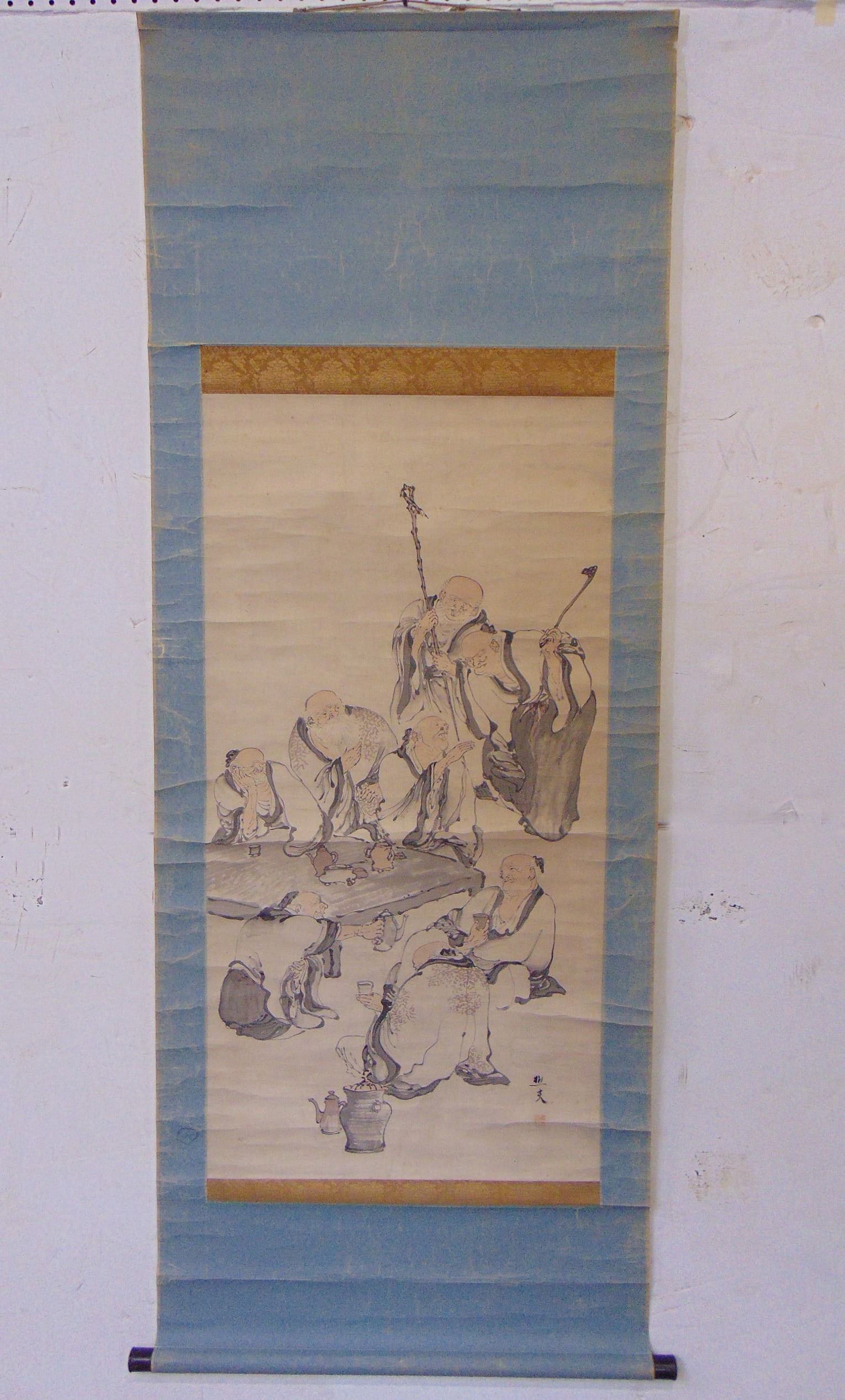 Chinese or Japanese scroll, "Immortals Drinking Sake", signed, scroll is 66.5" by 25.25", scene is (1 of 9)