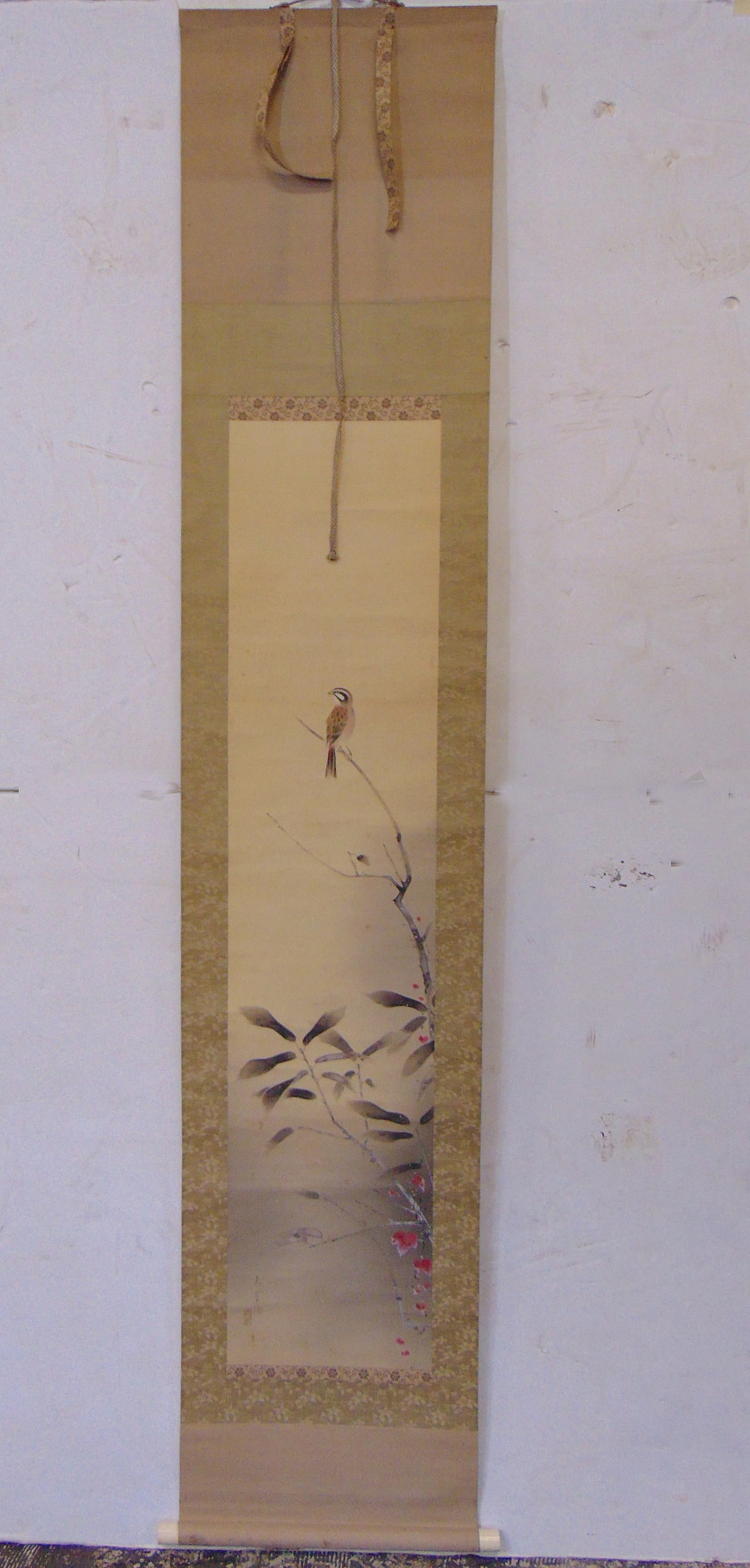 Chinese scroll, "Shrike on Long Reed", bird on branch, signed, scroll is 77.25" by 15.5", scene is: Chinese scroll, "Shrike on Long Reed", bird on branch, signed, scroll is 77.25" by 15.5", scene is 49" by 10.75"