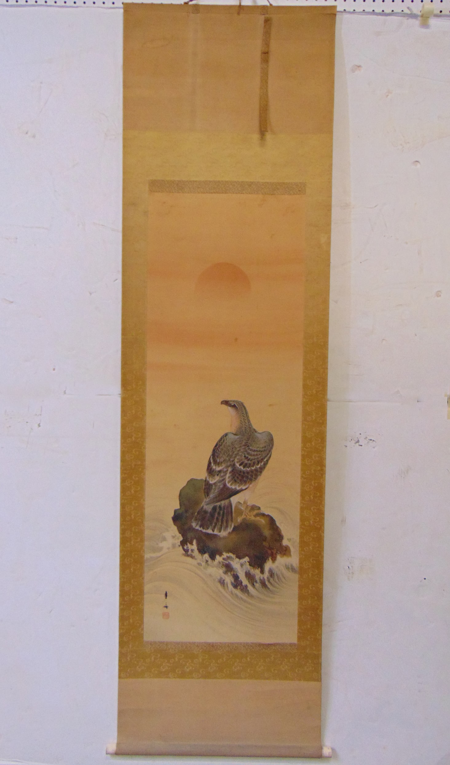 Chinese scroll, eagle perched on rock in water, sunset in distance, signed, scroll is 76.5" by (1 of 7)
