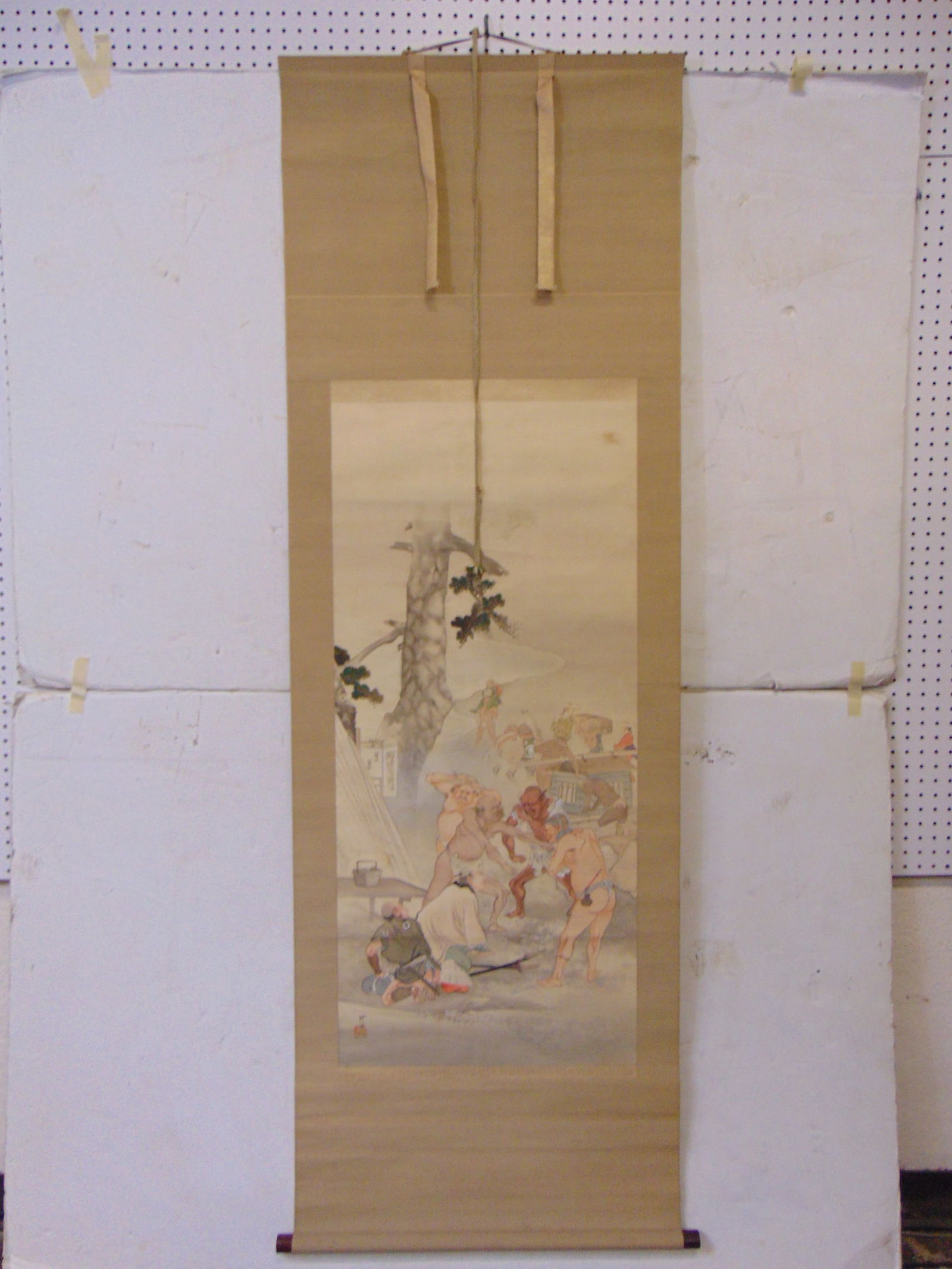 Chinese scroll, people at Ferry Crossing, in color, signed, scroll is 77" by 25.75", scene is 44" by (1 of 8)