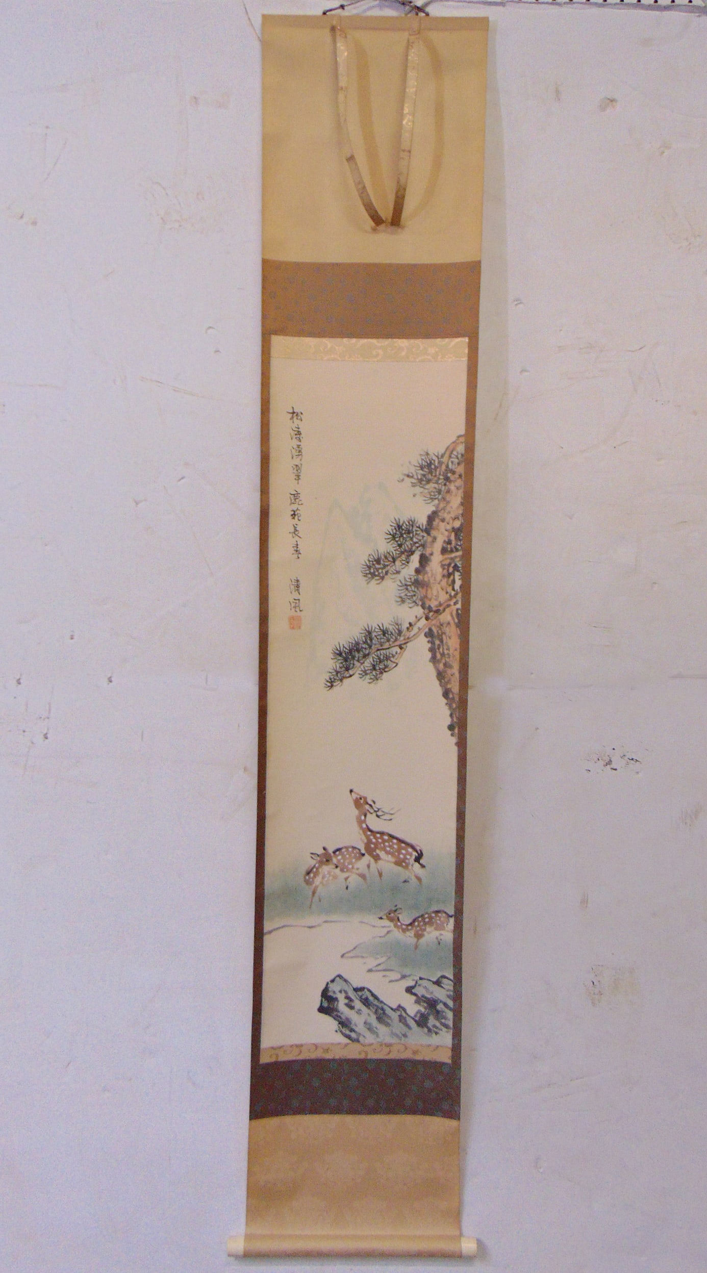 Chinese scroll, deer under pine, signed, 3 deer under pine tree, mountain faintly visible, scroll is (1 of 6)
