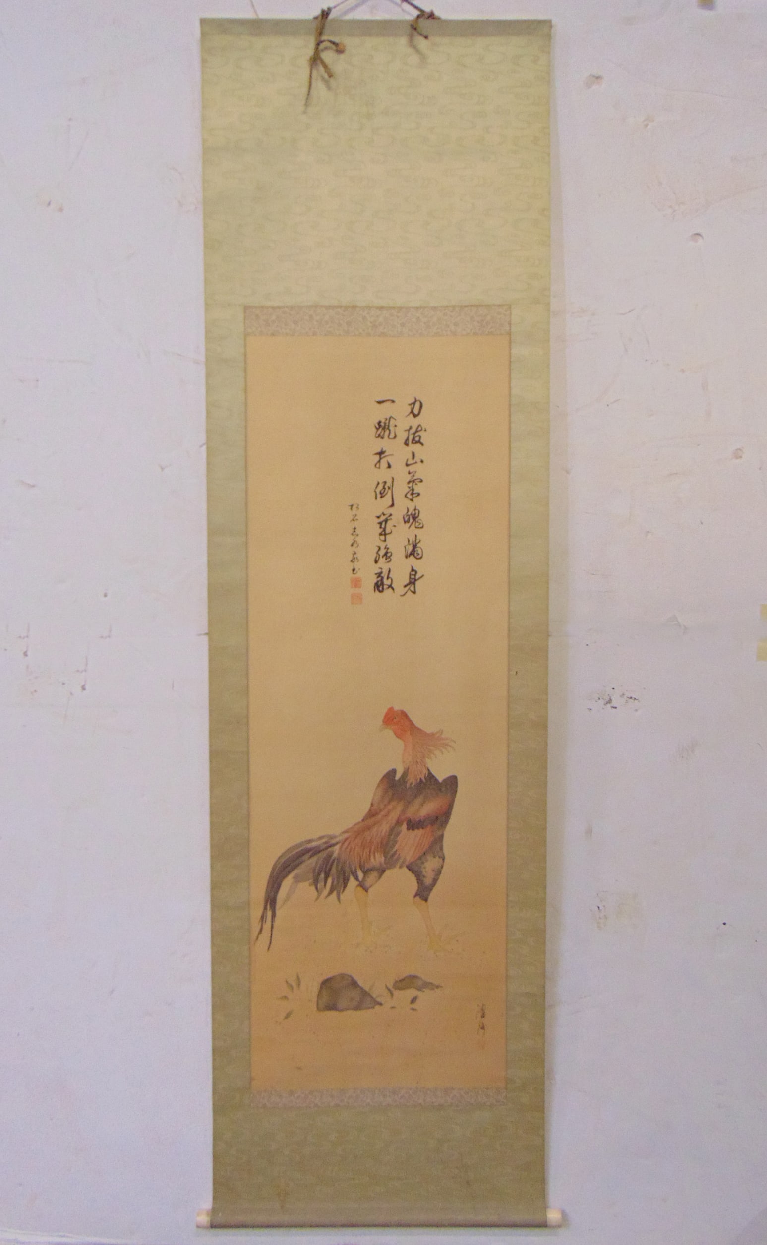 Chinese scroll, rooster, with calligraphy, in color, scroll is signed, 75" by 21.5", scene is 48" by (1 of 8)
