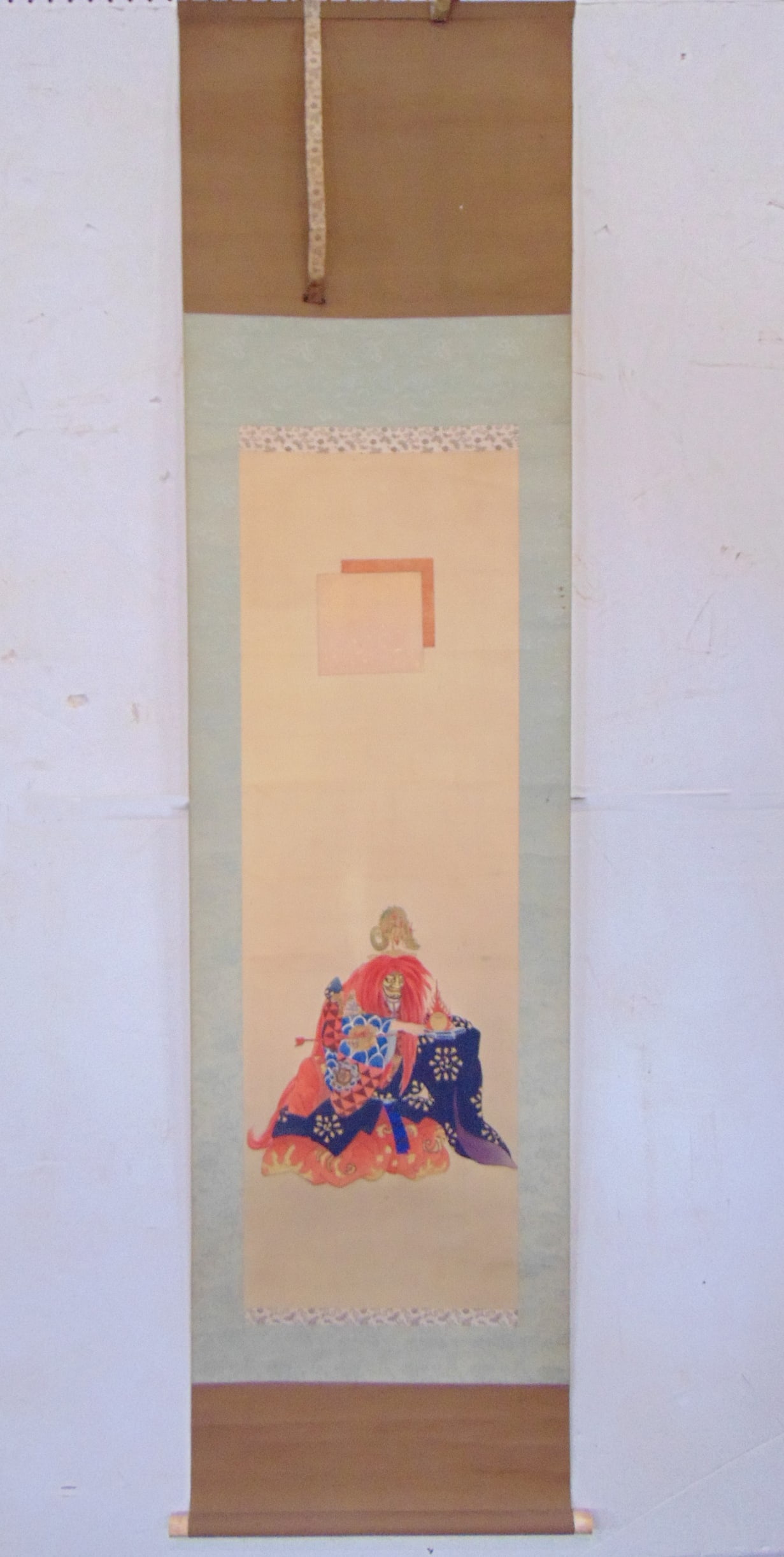 Chinese or Japanese scroll, masked figure in elaborate robe, unsigned, scroll is 77" by 19.5", scene (1 of 7)