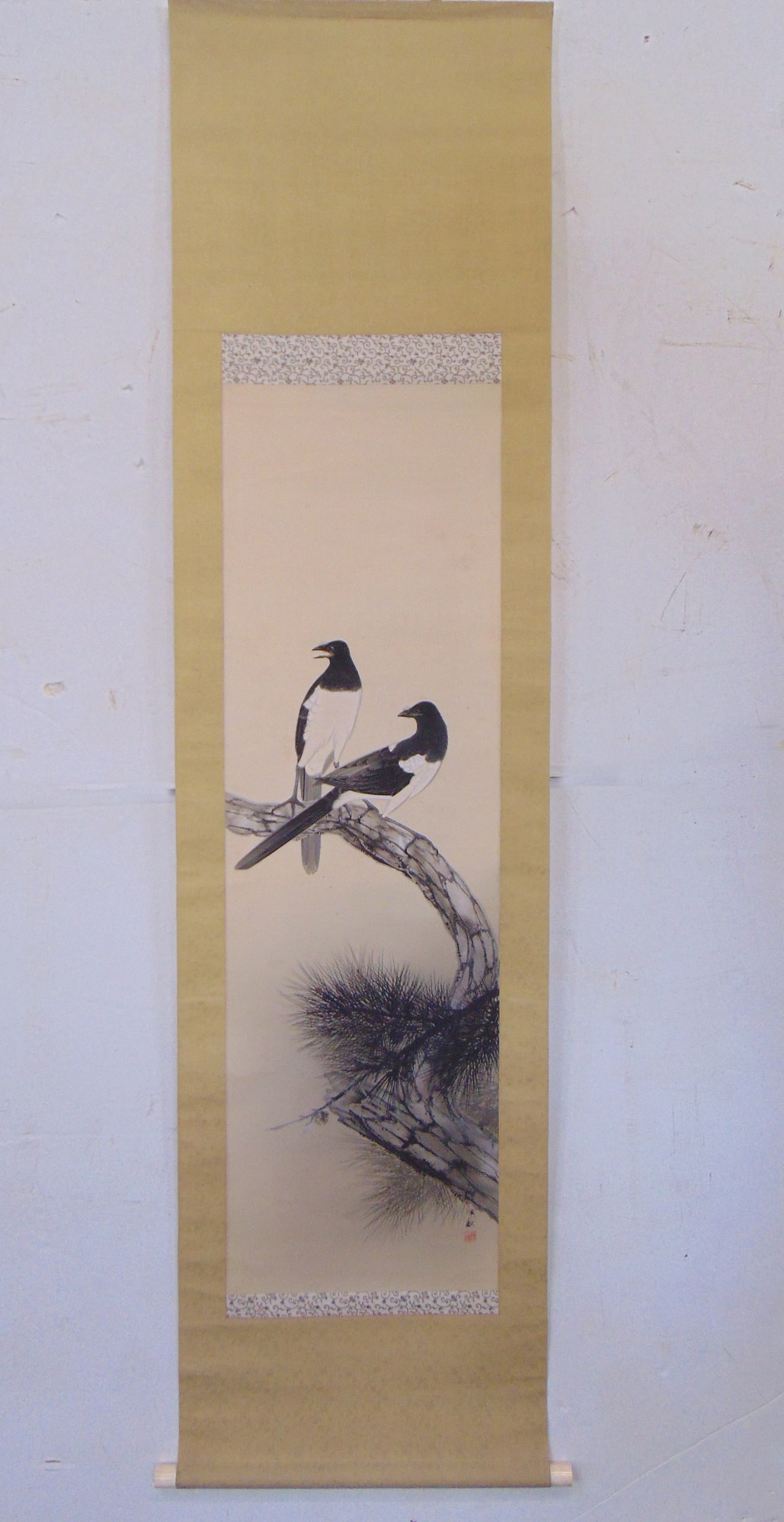 Chinese scroll, two crow on a pine tree branch, signed, scroll is 75" by 19.25", scene is 47" by (1 of 6)