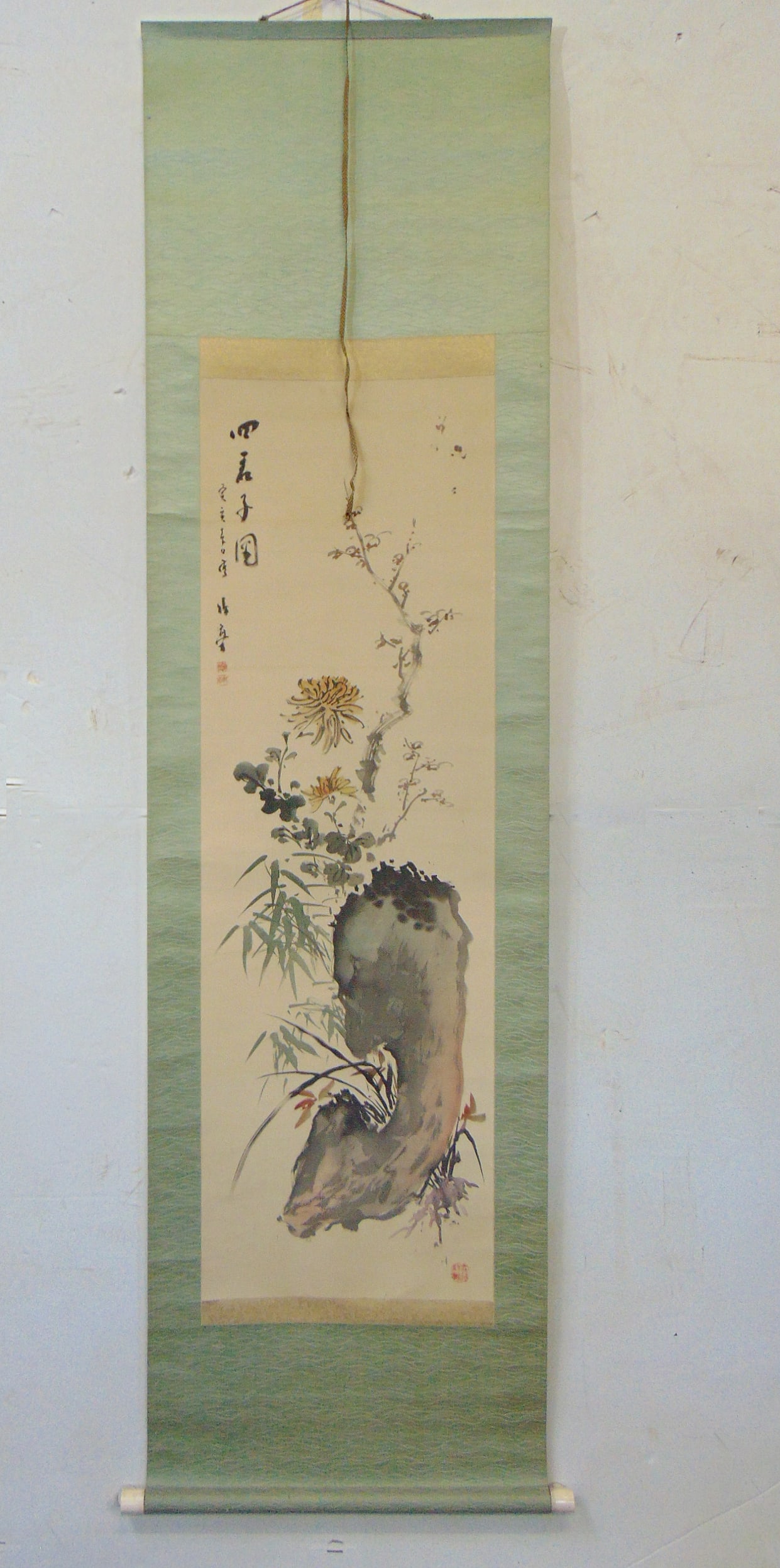 Chinese scroll, rock & flowers, signed, calligraphy, scroll is 72" by 19.5", scene is 44.5" by (1 of 9)