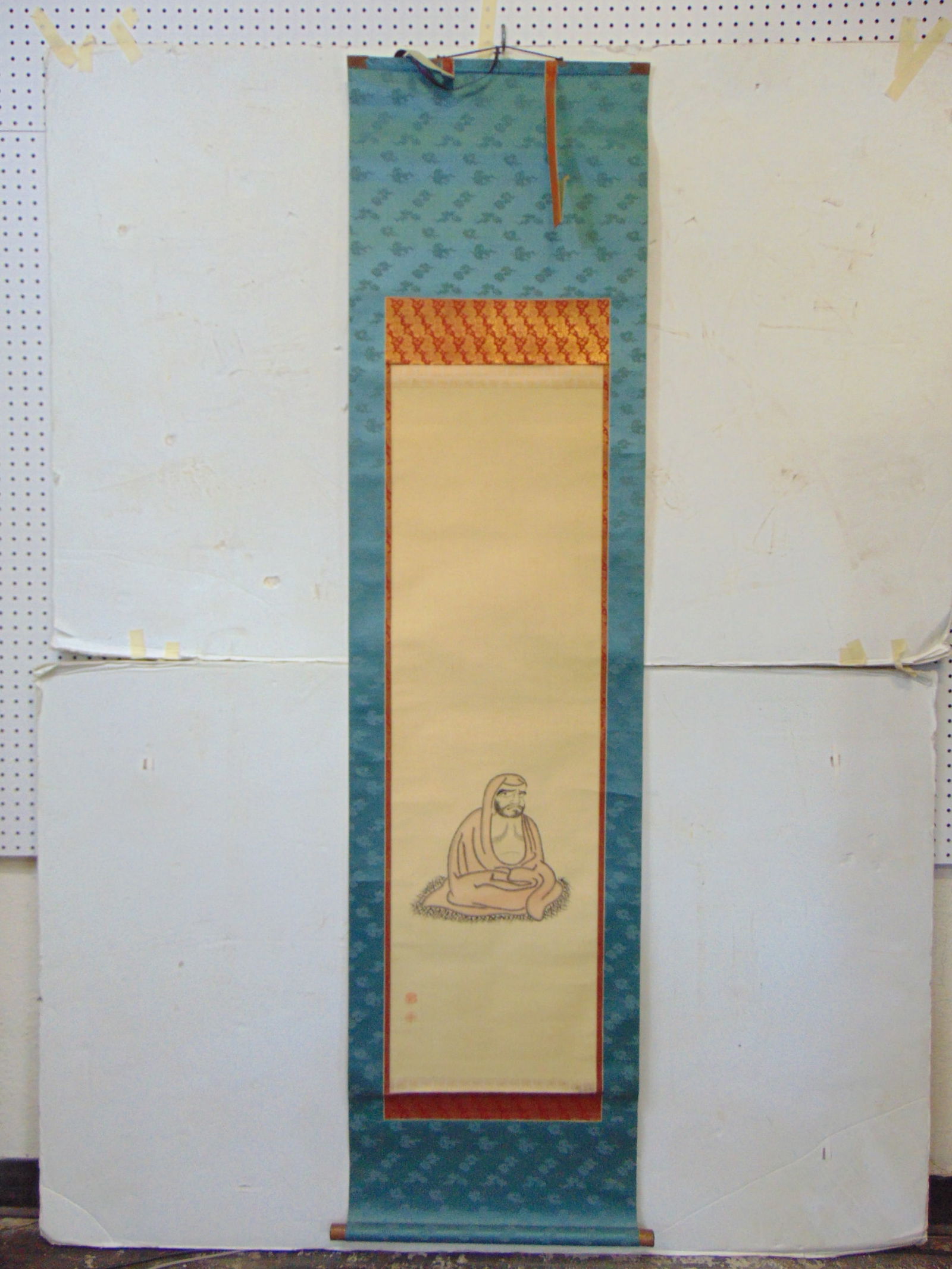 Chinese scroll, seated man in robe, stamped, unsigned, scroll is 76" by 19.5", scene is 45.5" by (1 of 6)