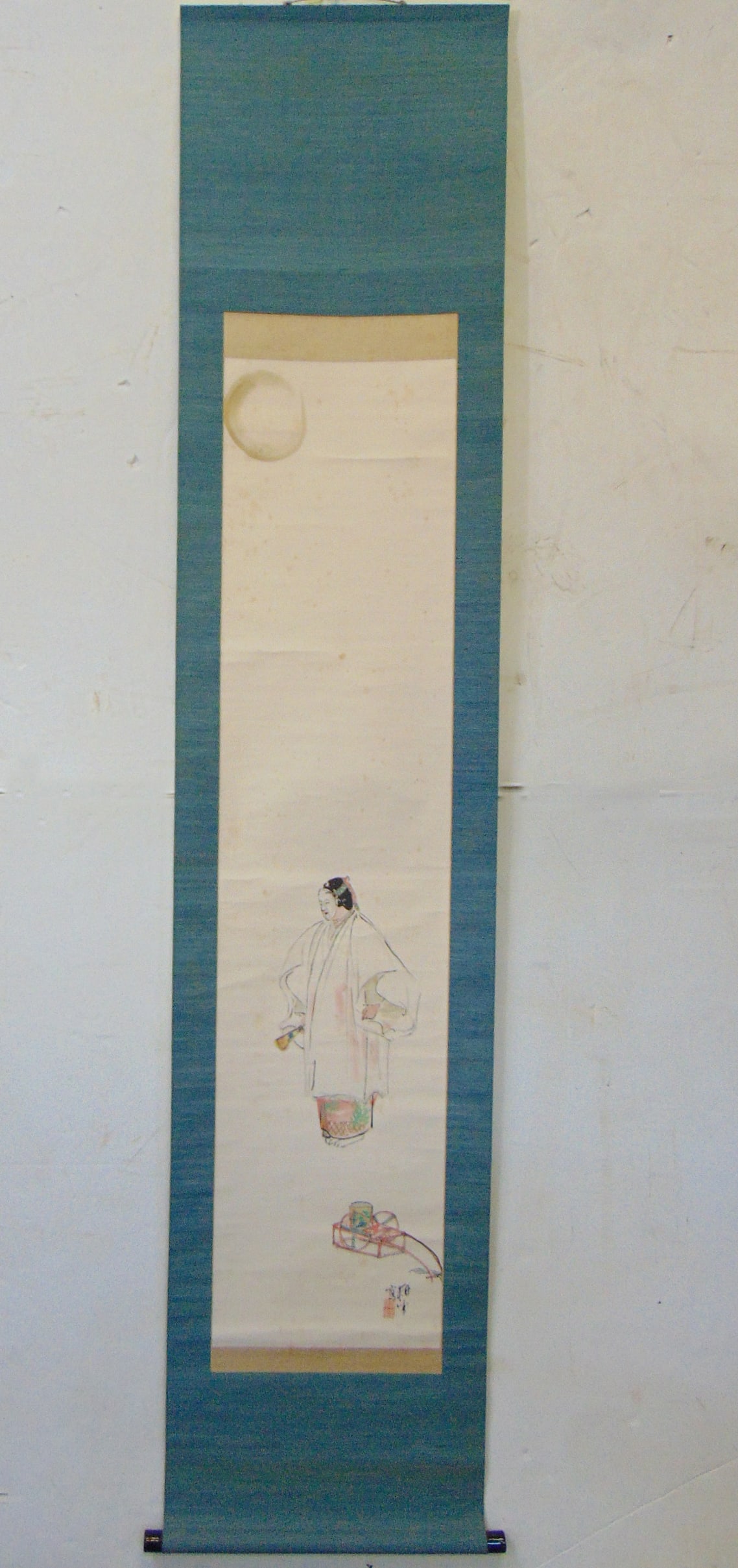 Chinese scroll, figure with mask, robe by small cart with objects, signed, scroll is 76" by 16.25", (1 of 7)