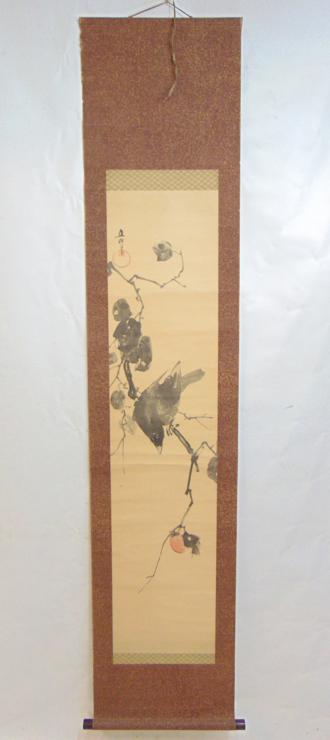 Chinese scroll, raven or crow looking at berry on branch, signed, scroll is 76" by 16", scene is 51": Chinese scroll, raven or crow looking at berry on branch, signed, scroll is 76" by 16", scene is 51" by 11.5"