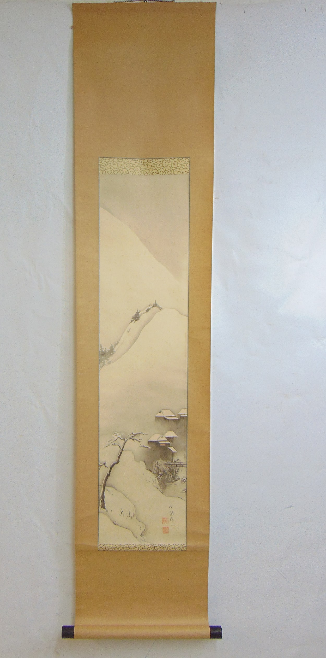 Chinese or Japanese scroll, Winter scene with mountain village by stream, signed, scroll is 56" by (1 of 7)