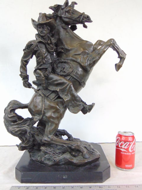 Large bronze, cowboy on rearing horse, European Bronze Finery, marble base, 20" by 22" (1 of 6)