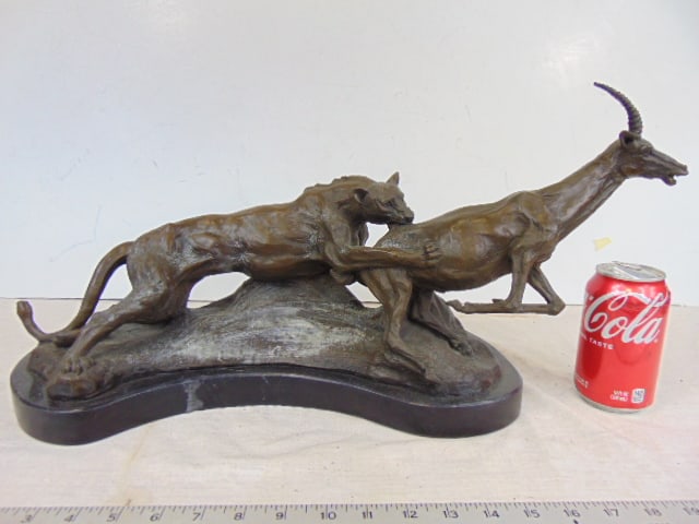Bronze lion attacking antelope, after Barye, 23" by 10" (1 of 5)