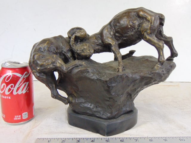 Bronze, 2 fighting rams, mountain goats, Debut, on marble base, 11.5" by 9" (1 of 5)