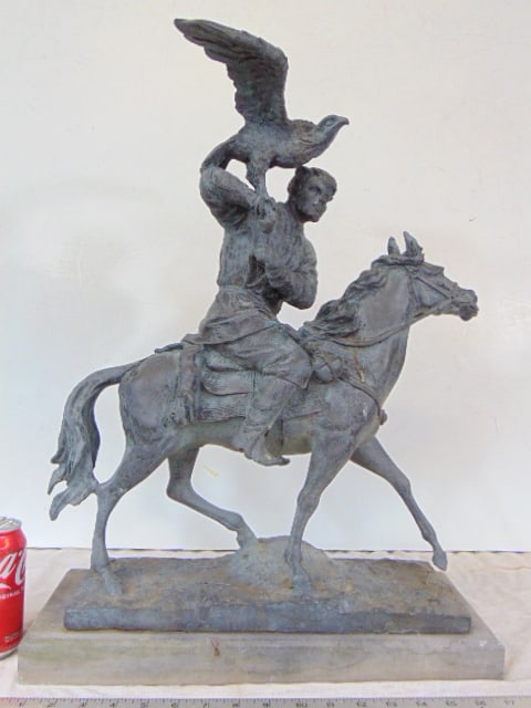 Bronze, Falconer on horseback, P.J. Mene, European Bronze Finery, 19" by 19.5", grey patina (1 of 7)