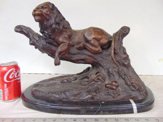 Large bronze, lion resting on branch, J. Moigniez, 19" by 12" (1 of 6)