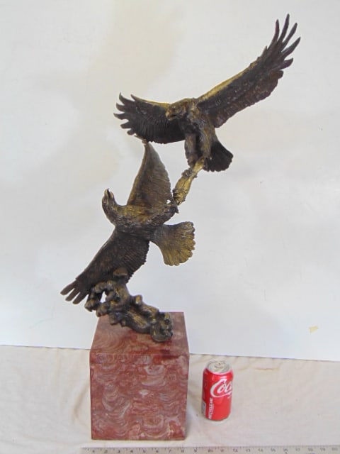 Bronze, two eagles in flight fighting over a fish, on marble base, European Bronze Finery, 24" by (1 of 7)