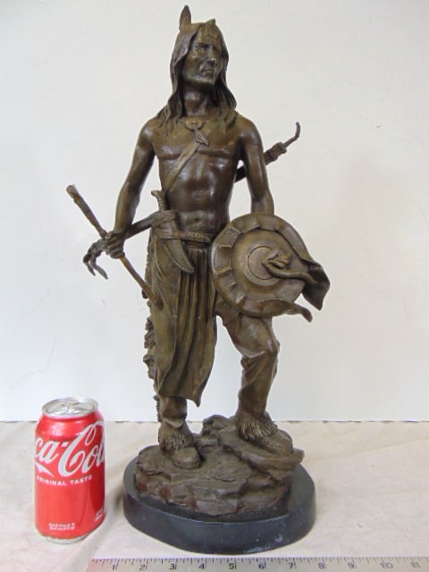 Bronze, Native American warrior with tomahawk, shield, Debut, European Bronze Finery, 18.5" by 10" (1 of 6)