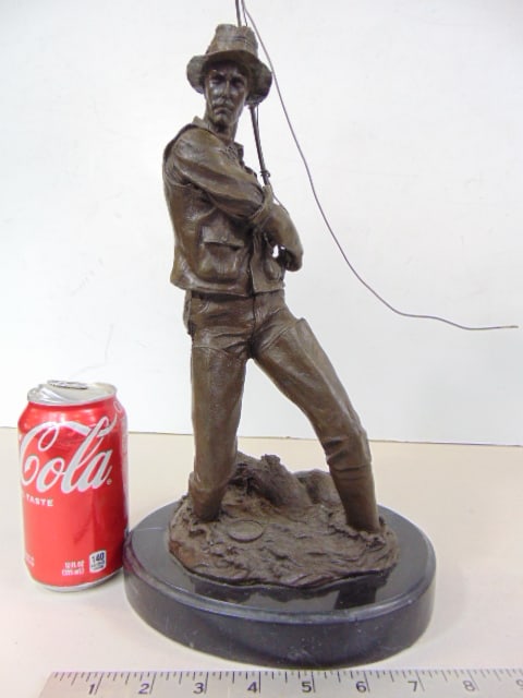 Bronze, man fishing, signed Thomas, European Bronze Finery, 6" by 14.5" (1 of 6)