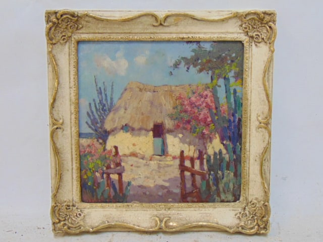 Painting, thatched roof hut on beach, signed illegibly, oil on Masonite, 11.75" by 11.75": Painting, thatched roof hut on beach, signed illegibly, oil on Masonite, 11.75" by 11.75"