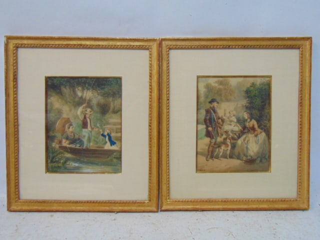 2 paintings, Gustav David watercolors, hunter with dog talking to 2 ladies & figures fishing in (1 of 6)
