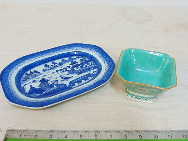 Canton blue & white platter & small green Chinese floral decorated bowl,Canton is 6.75" by 9 5/8" (1 of 6)