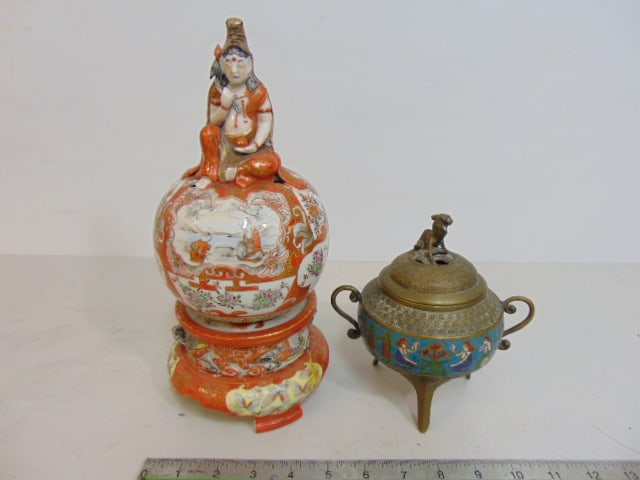 2 Asian incense pots, one porcelain with figural top, other cloisonne, porcelain is 11.25" tall, (1 of 6)