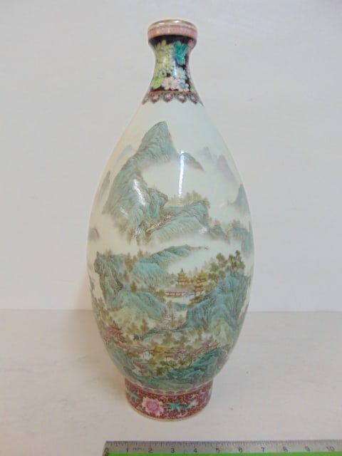 Large Chinese porcelain vase, decorated with landscapes, calligraphy, vase is a reproduction, in (1 of 6)