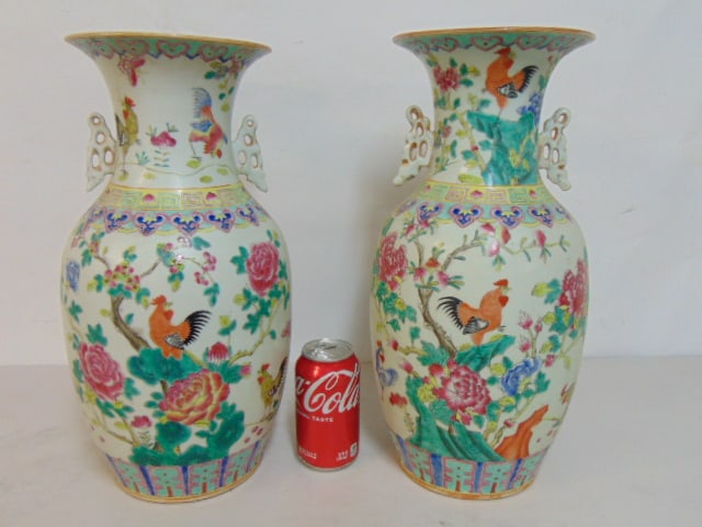 Pair large Chinese porcelain vases, decorated with rooster, flowers, height is 16.25", good (1 of 7)