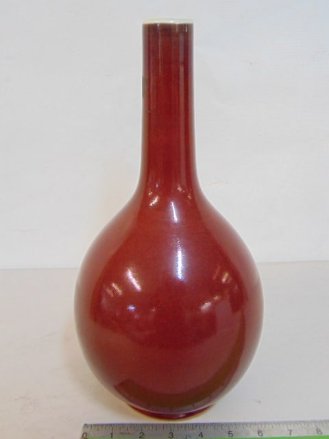 Chinese oxblood vase, white interior, partial wax seal on base, vase is 13", good condition (1 of 13)