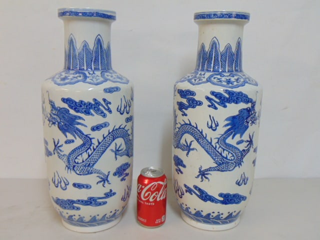 Pair large blue & white porcelain vases decorated with dragons, signed, height is 18" (1 of 6)