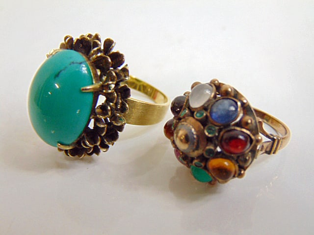 Jewelry. (2) Gold Vintage rings. 14k hallmark Turquoise ring size 6 1/2, 8.65 grams, 7/8" length. (1 of 5)