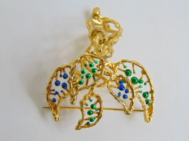 Jewelry. 18kt yellow gold pin hallmark A. Kim, blue & green enamel leaf/tree design, 16.75 grams, 1 (1 of 3)