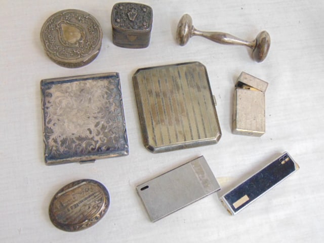 Lot of .800 silver card cases small boxes, sterling baby rattle, 3 vintage lighters (1 of 7)