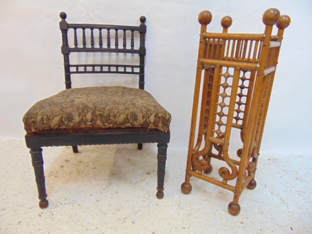 Stick & ball oak umbrella stand & ebonized side chair.: Stick & ball oak umbrella stand & ebonized side chair.