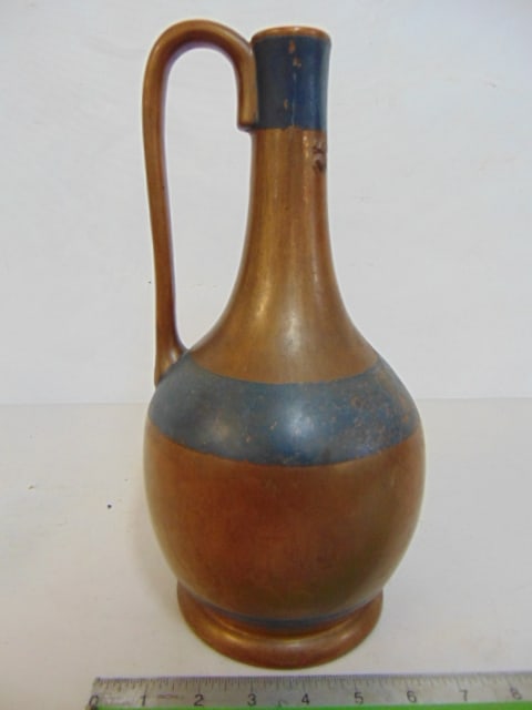 Copper glazed ceramic ewer, single handle with black bands, signed (see images), height is 12" (1 of 4)