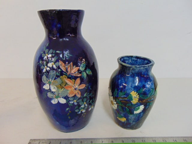 2 Wheatley vases, large floral decorated art pottery vase in deep blue with pink accented flowers, (1 of 9)